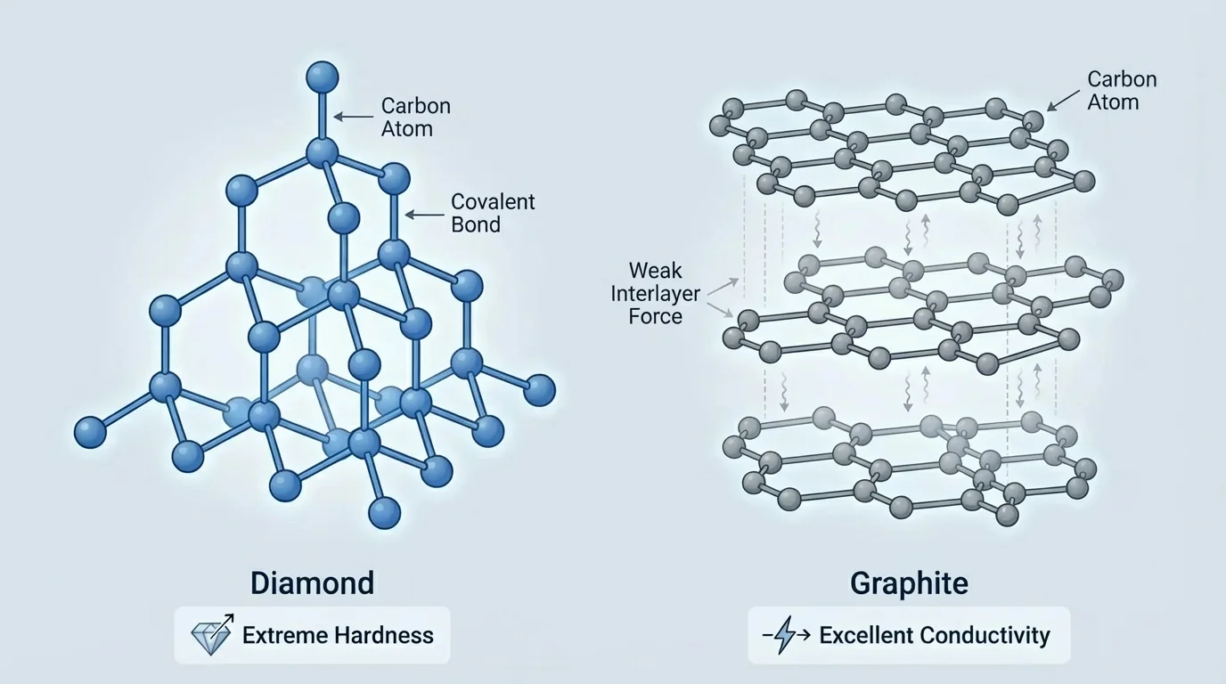 carbon atoms arranged as a 3D tetrahedral network in diamond beside stacked hexagonal layers in graphite, with concise labels for hardness and conductivity