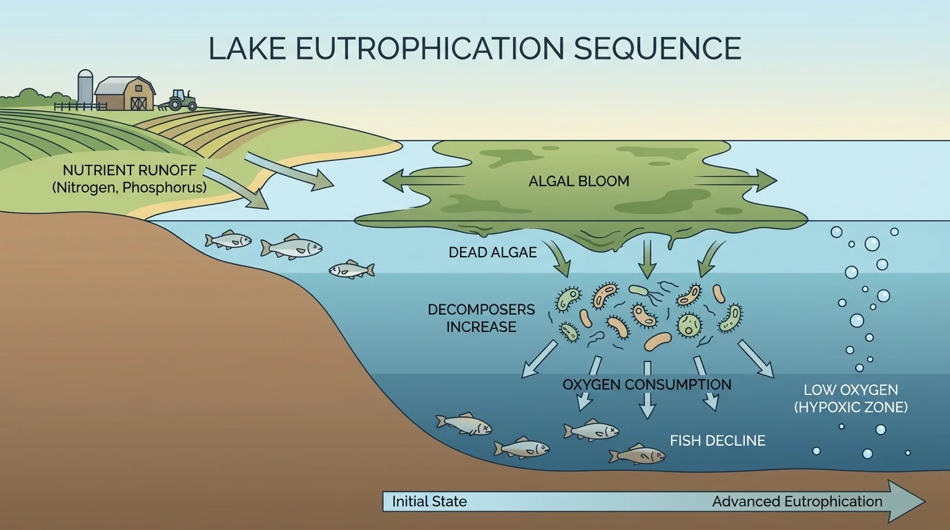 Lake eutrophication sequence showing farm runoff entering a lake, algal bloom spreading on the surface, decomposers increasing, oxygen dropping in deeper water, and fish declining