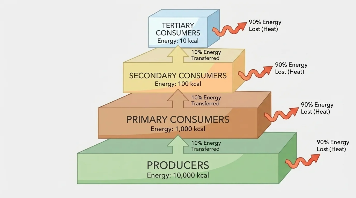 Energy pyramid with producers at the base, primary consumers above, secondary consumers above that, and tertiary consumers at the top, with energy values decreasing from 10000 to 1000 to 100 to 10