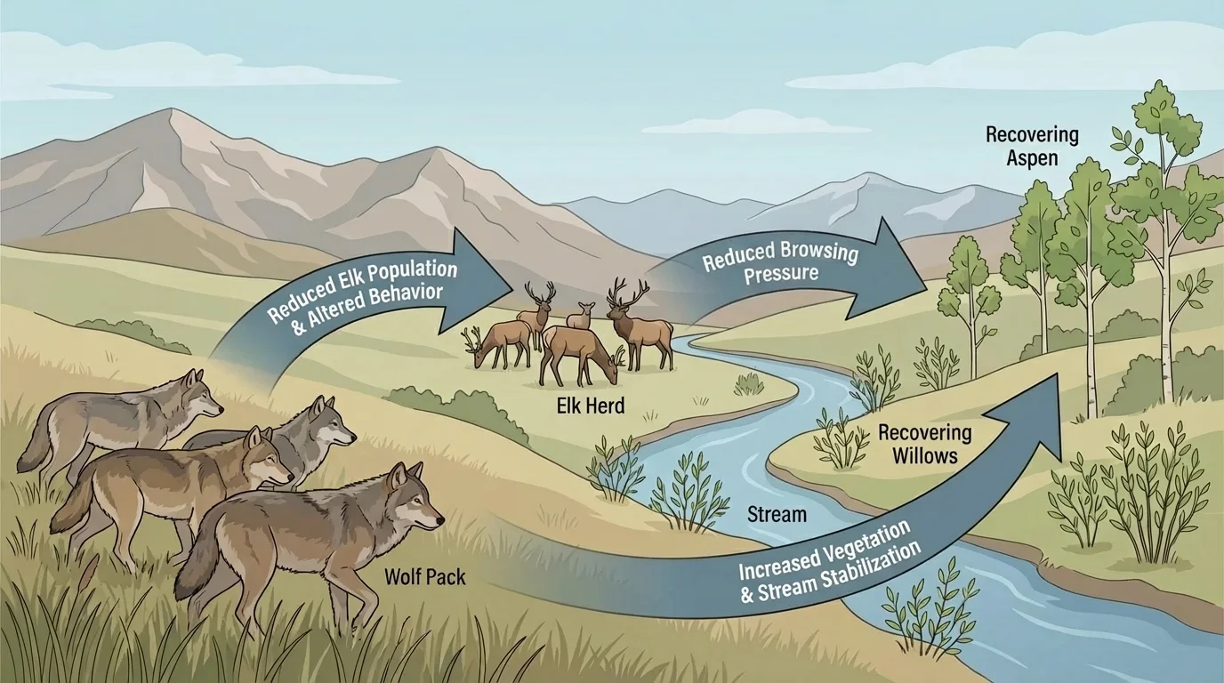 Yellowstone scene with wolves, elk near a stream, recovering willow and aspen, and arrows indicating reduced browsing leading to more vegetation