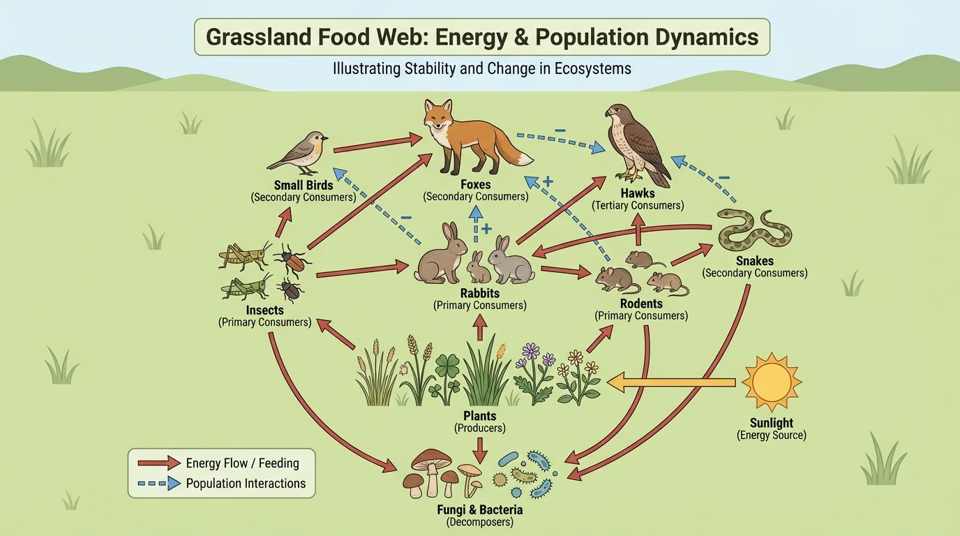 Labeled grassland food web showing plants, insects, rabbits, foxes, hawks, fungi, and bacteria with arrows for feeding relationships, energy flow, and population interactions