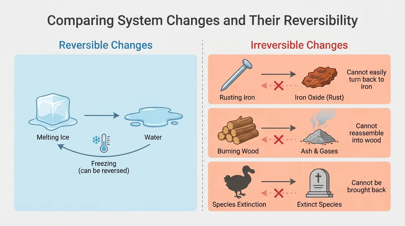 chart comparing melting ice, rusting iron, burning wood, and species extinction by whether change can be reversed