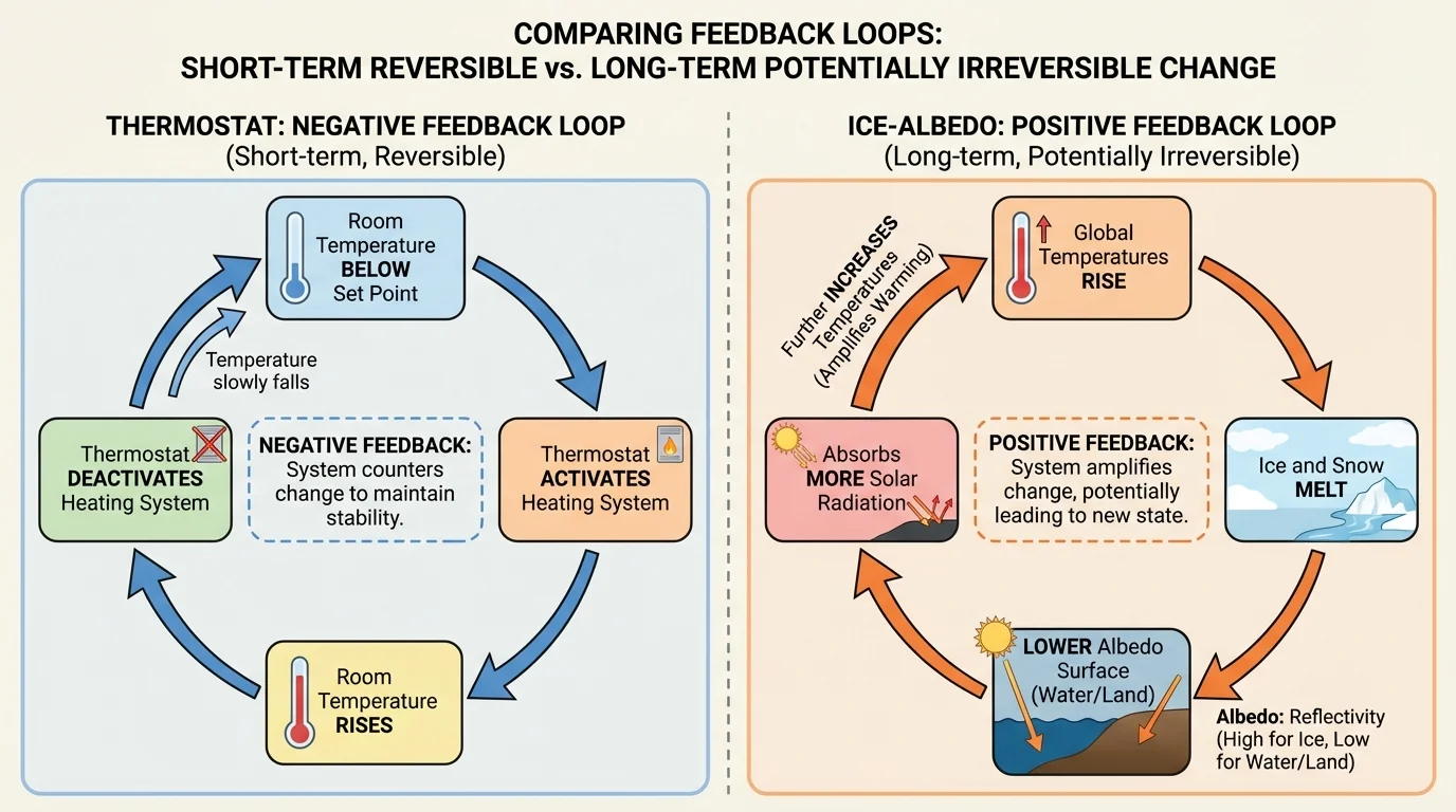 flowchart comparing thermostat negative feedback loop and ice-albedo positive feedback loop