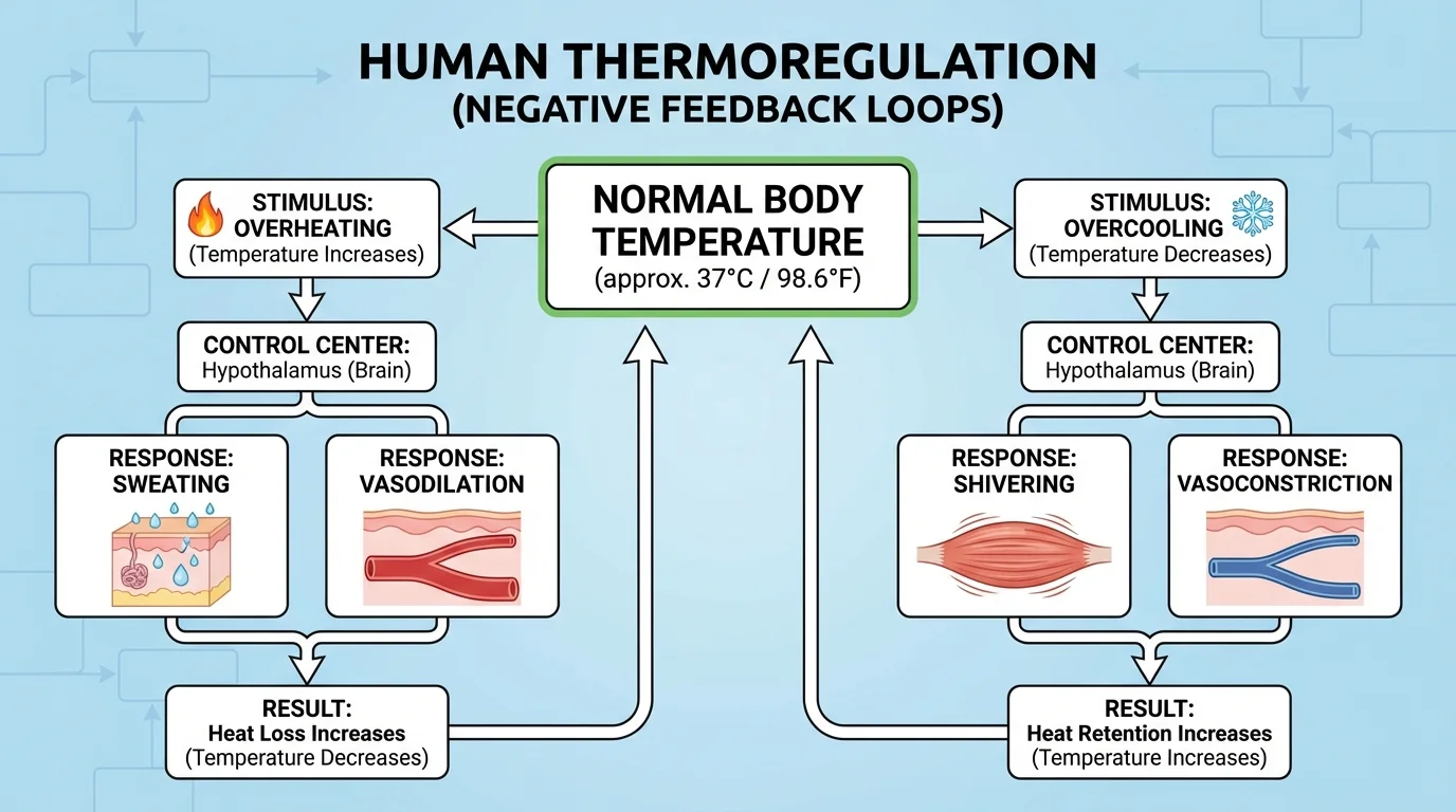 Human thermoregulation diagram with two sides: overheating leading to sweating and vasodilation, and overcooling leading to shivering and vasoconstriction, both returning temperature toward normal