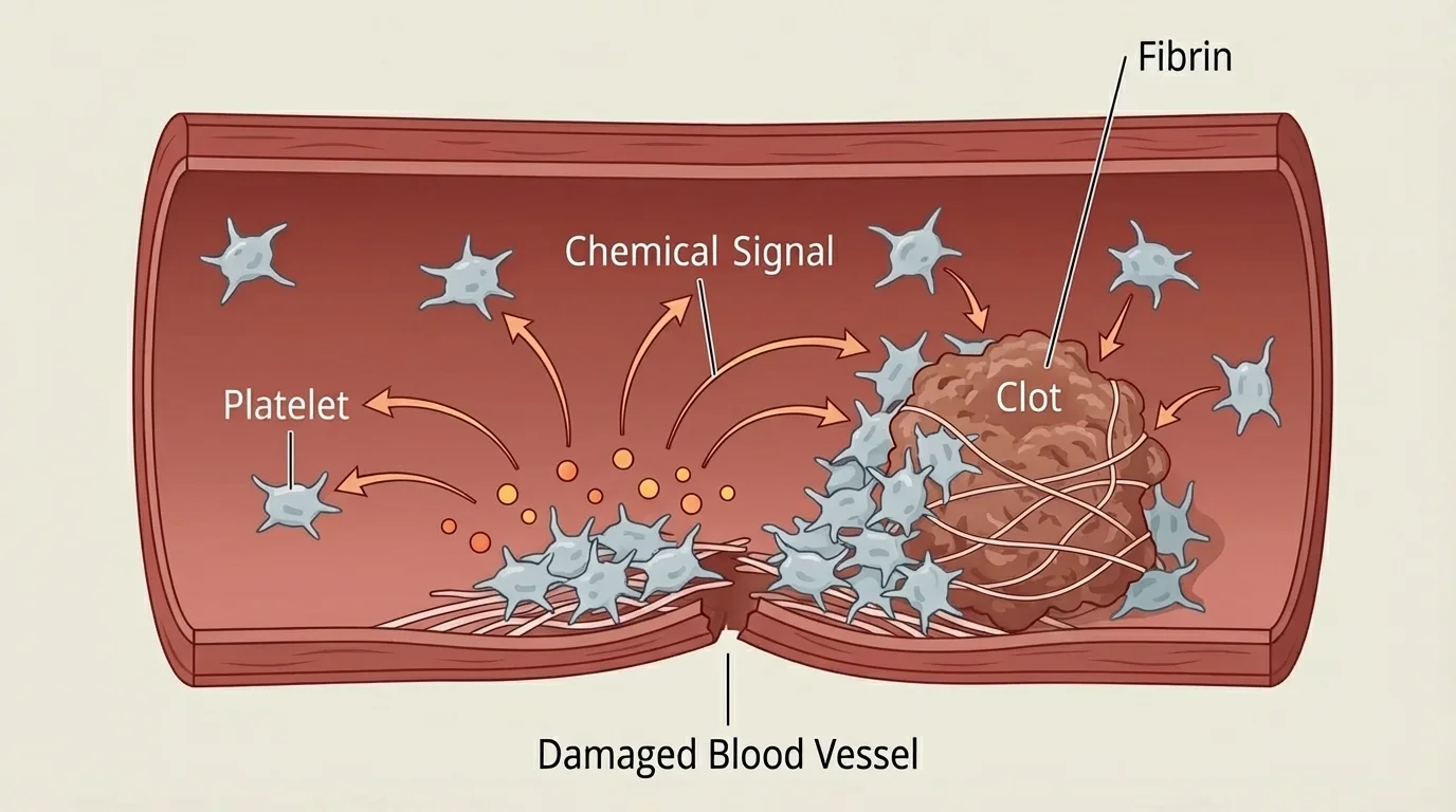 Damaged blood vessel with platelets attaching to the wound, releasing chemical signals, recruiting more platelets, and forming a clot