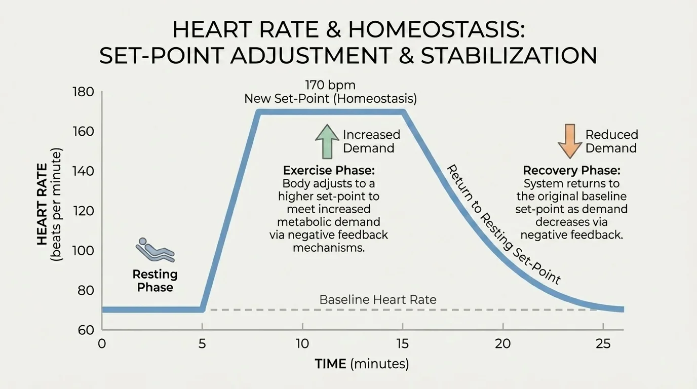Line graph of heart rate versus time showing resting heart rate, sharp increase during exercise, and gradual return toward baseline during recovery