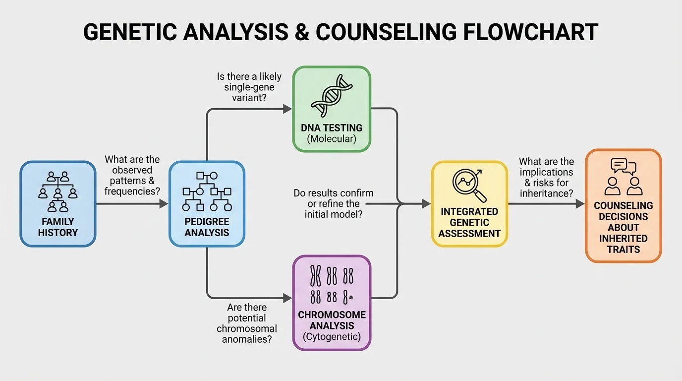 Flowchart showing family history, pedigree analysis, DNA testing, chromosome analysis, and counseling decisions about inherited traits