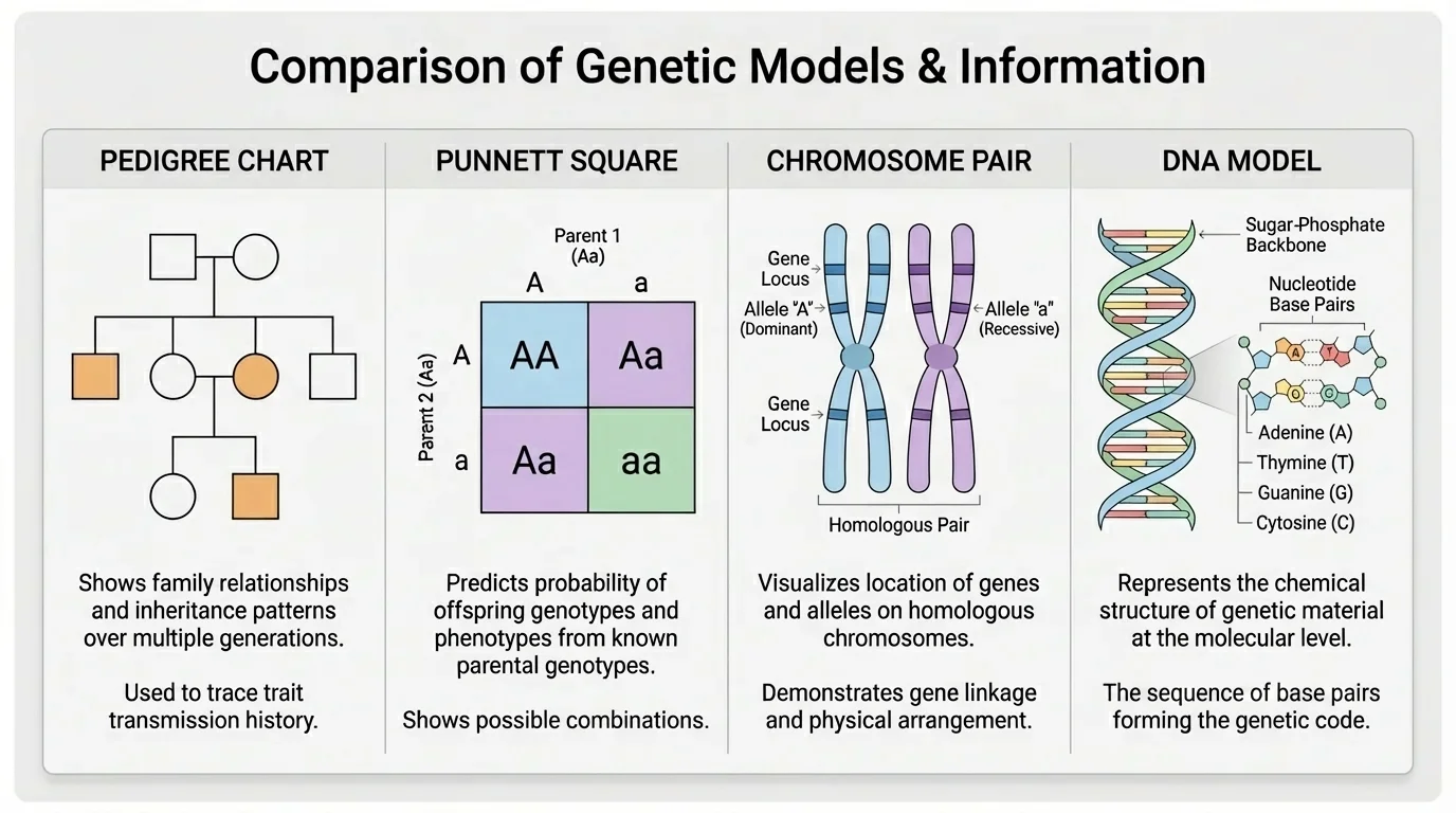Comparison chart with pedigree, Punnett square, chromosome pair, and DNA model, each paired with the kind of information it shows
