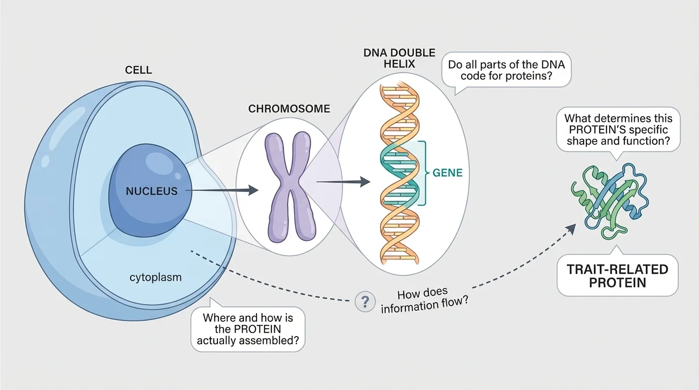 Labeled biological diagram showing a cell, nucleus, chromosome, DNA double helix, and a gene linked to production of a trait-related protein