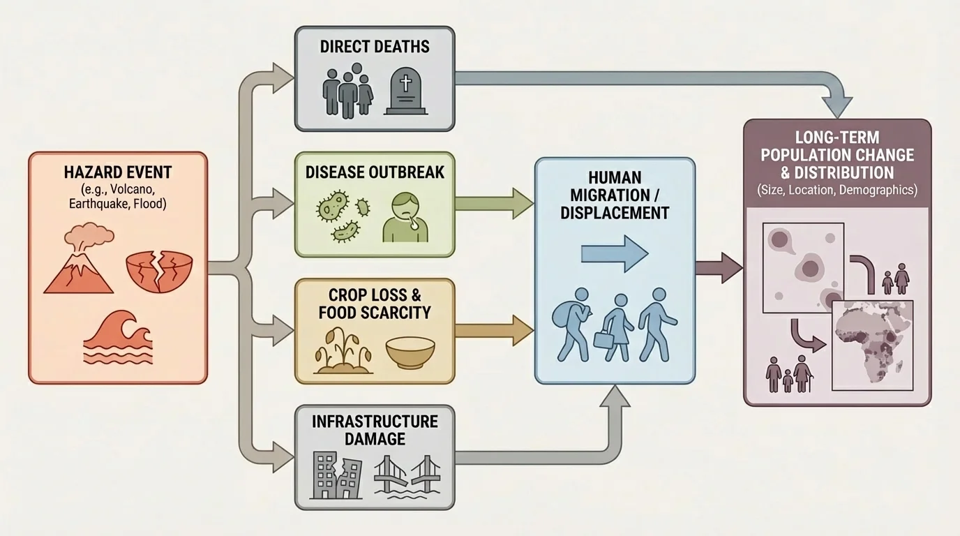 Disaster impact flowchart from hazard event to direct deaths, disease, crop loss, infrastructure damage, migration, and long-term population change