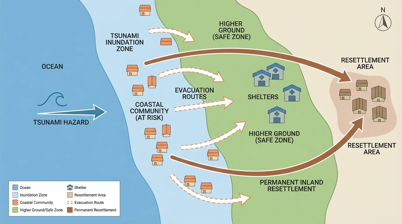 Coastal community map with tsunami inundation zone, evacuation routes to shelters, and longer arrows showing permanent inland resettlement