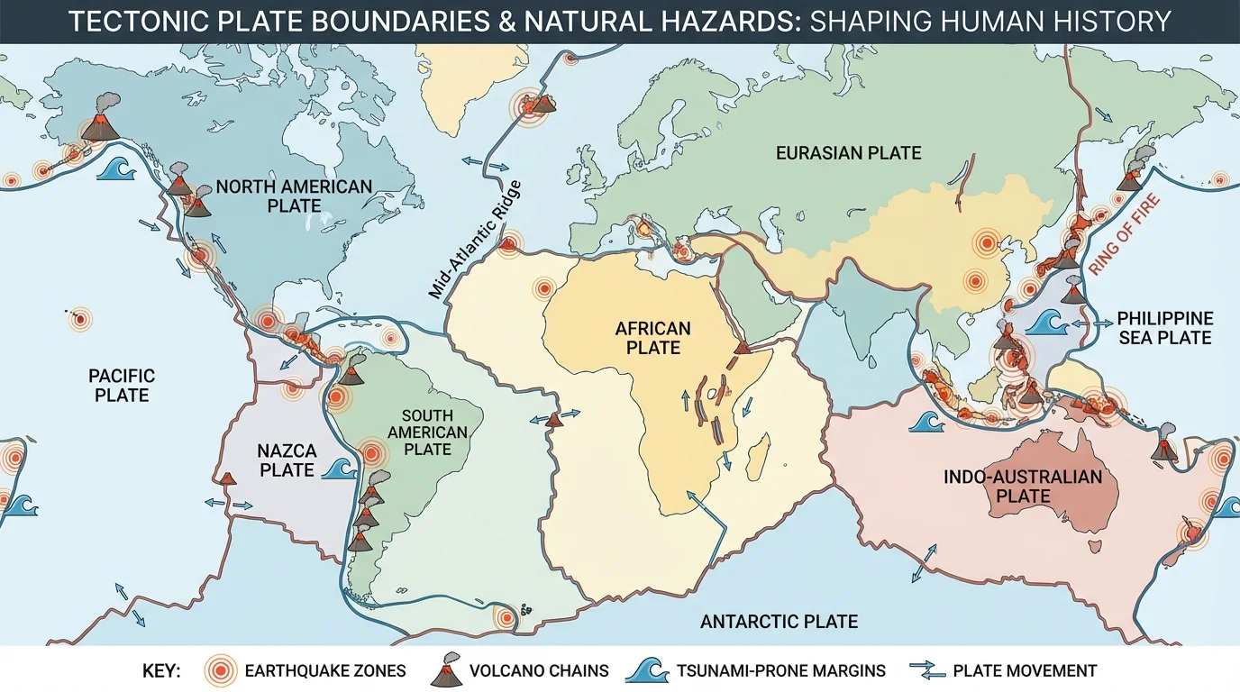 World map of tectonic plate boundaries with icons marking earthquake zones, volcano chains, and tsunami-prone subduction margins