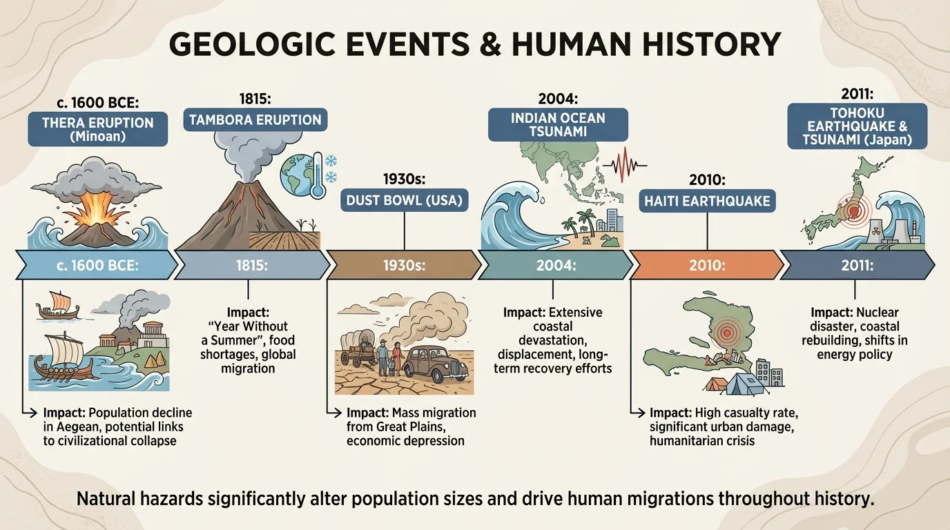 Timeline featuring Thera eruption, Tambora 1815, Dust Bowl 1930s, Indian Ocean tsunami 2004, Haiti earthquake 2010, and Tohoku 2011