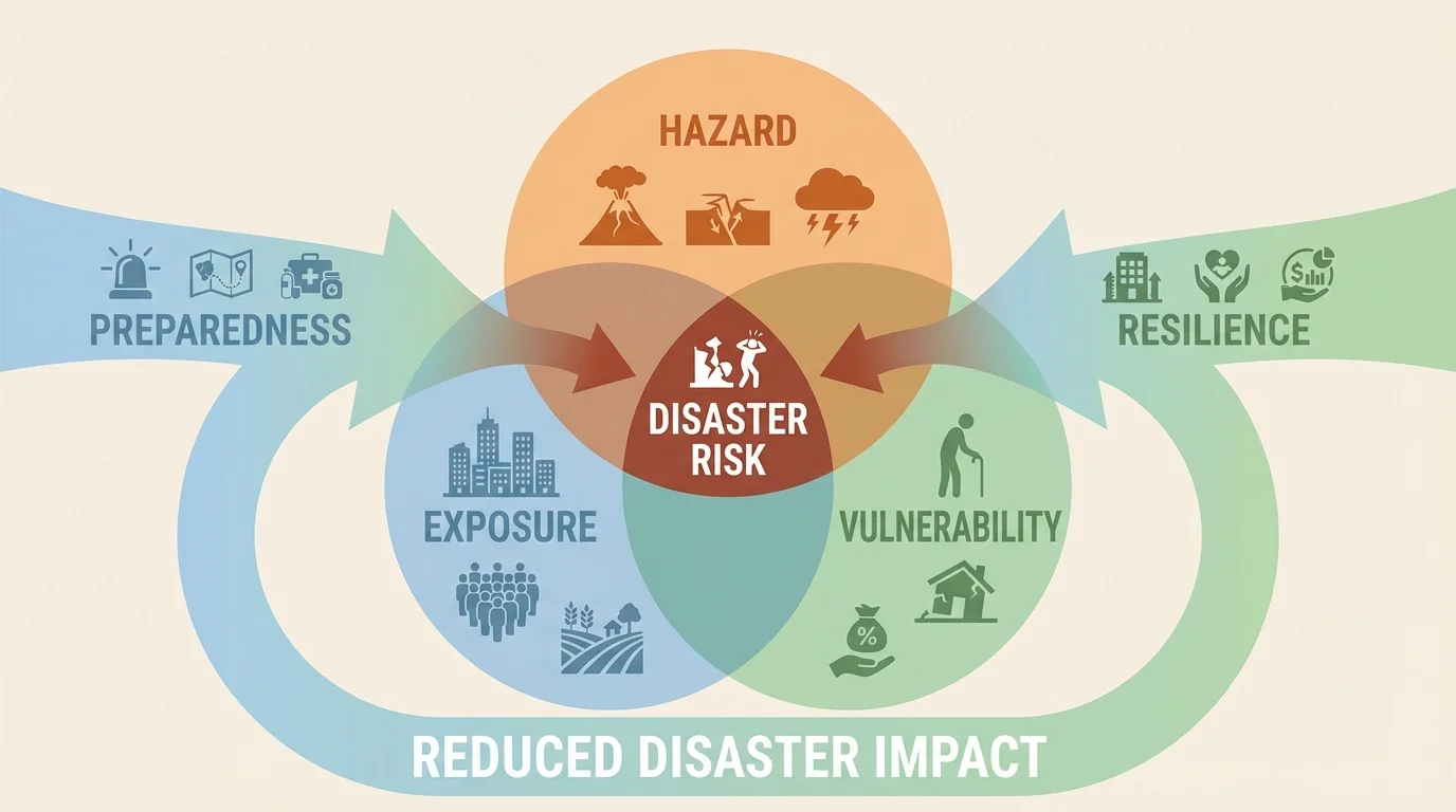 Three-factor risk diagram with hazard, exposure, and vulnerability overlapping, plus arrows showing preparedness and resilience reducing disaster impact