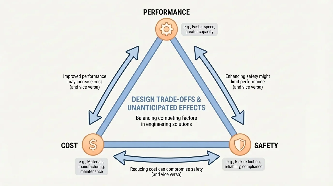 triangular comparison diagram showing cost, performance, and safety at three corners with arrows indicating that improving one can affect the others