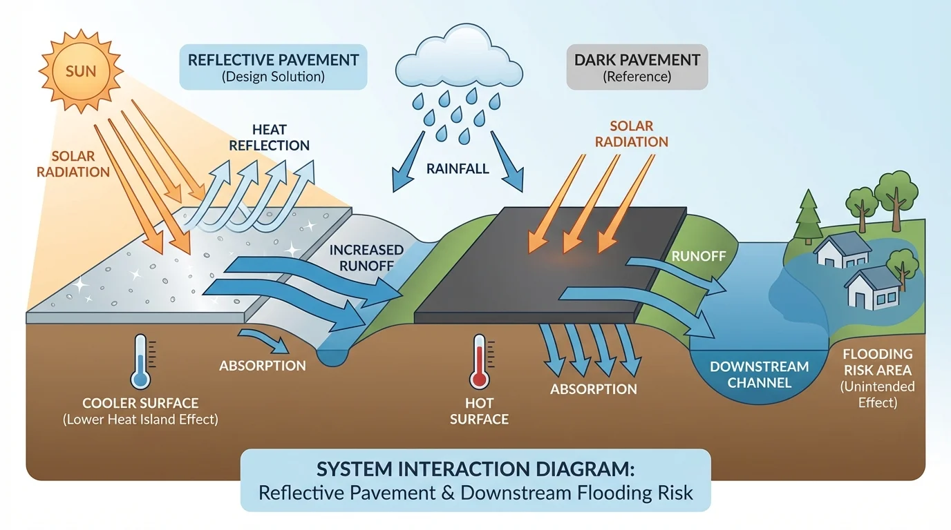 system interaction diagram showing reflective pavement lowering surface heat but arrows also leading to increased runoff and downstream flooding risk