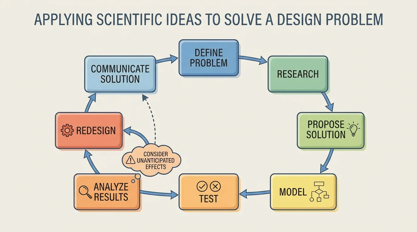 flowchart with boxes labeled define problem, research, propose solution, model, test, analyze results, redesign connected by arrows in a cycle