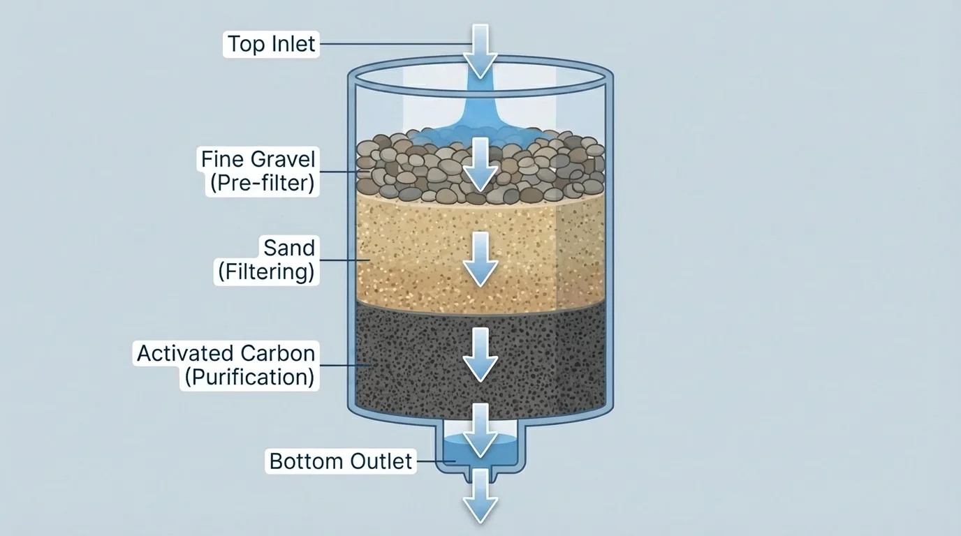 labeled cross-section of a gravity-fed water filter with top inlet, layers of gravel, sand, activated carbon, bottom outlet, and arrows showing water flow downward