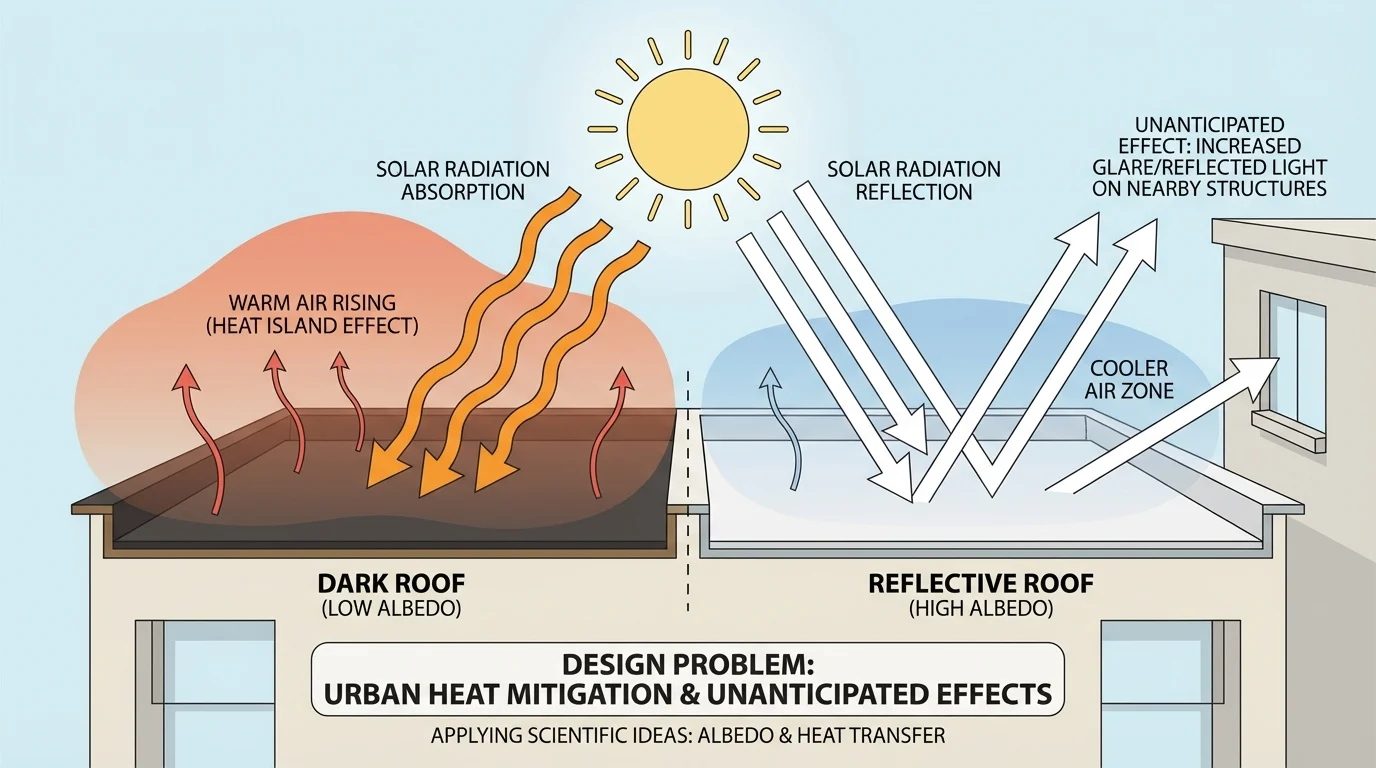 comparison of two city rooftops under sunlight, one dark roof absorbing more heat and one reflective roof sending more light away, with nearby air shown warmer over the dark roof
