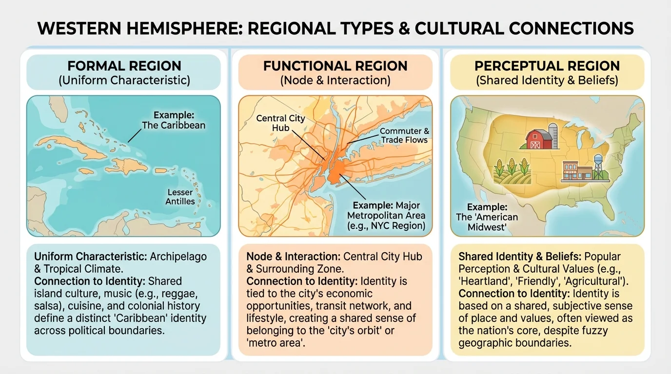chart comparing formal, functional, and perceptual regions with Western Hemisphere examples such as the Caribbean, a major city region, and the American Midwest