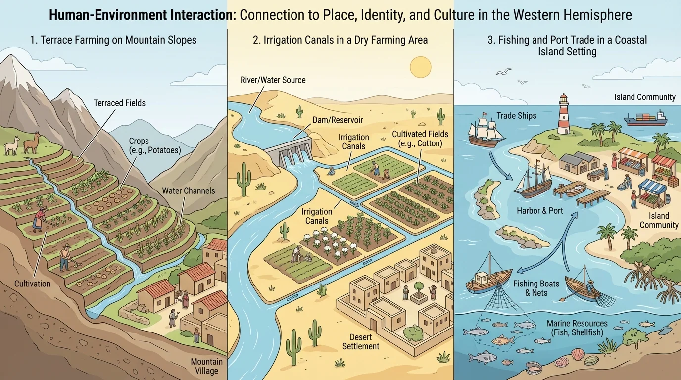 diagram showing three examples of human-environment interaction—terrace farming on mountain slopes, irrigation canals in a dry farming area, and fishing plus port trade in a coastal island setting