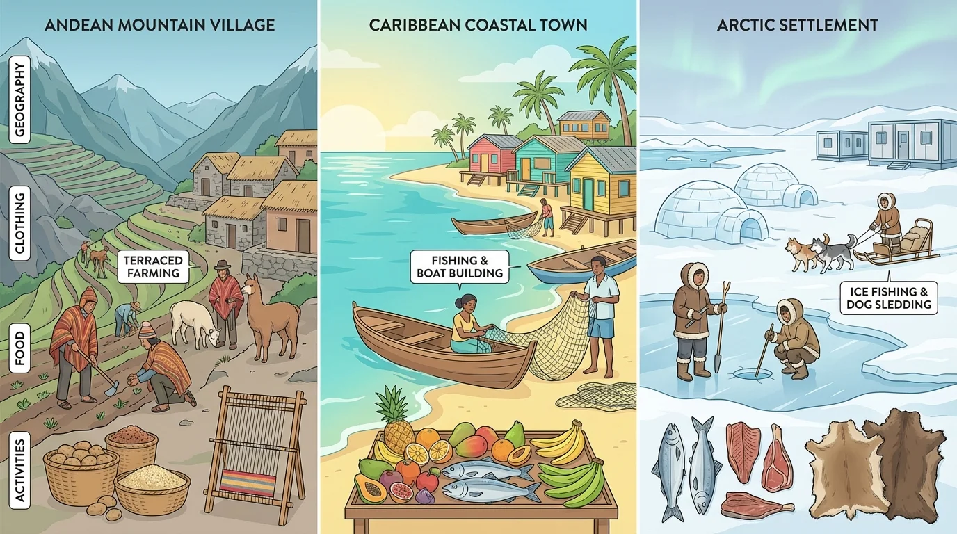 comparison scene showing an Andean mountain village, a Caribbean coastal town, and an Arctic settlement with contrasting homes, clothing, foods, and daily activities