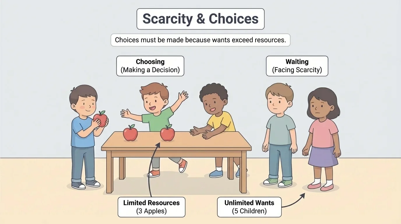 A table with 3 apples and 5 children, some choosing and waiting, showing there are not enough apples for everyone