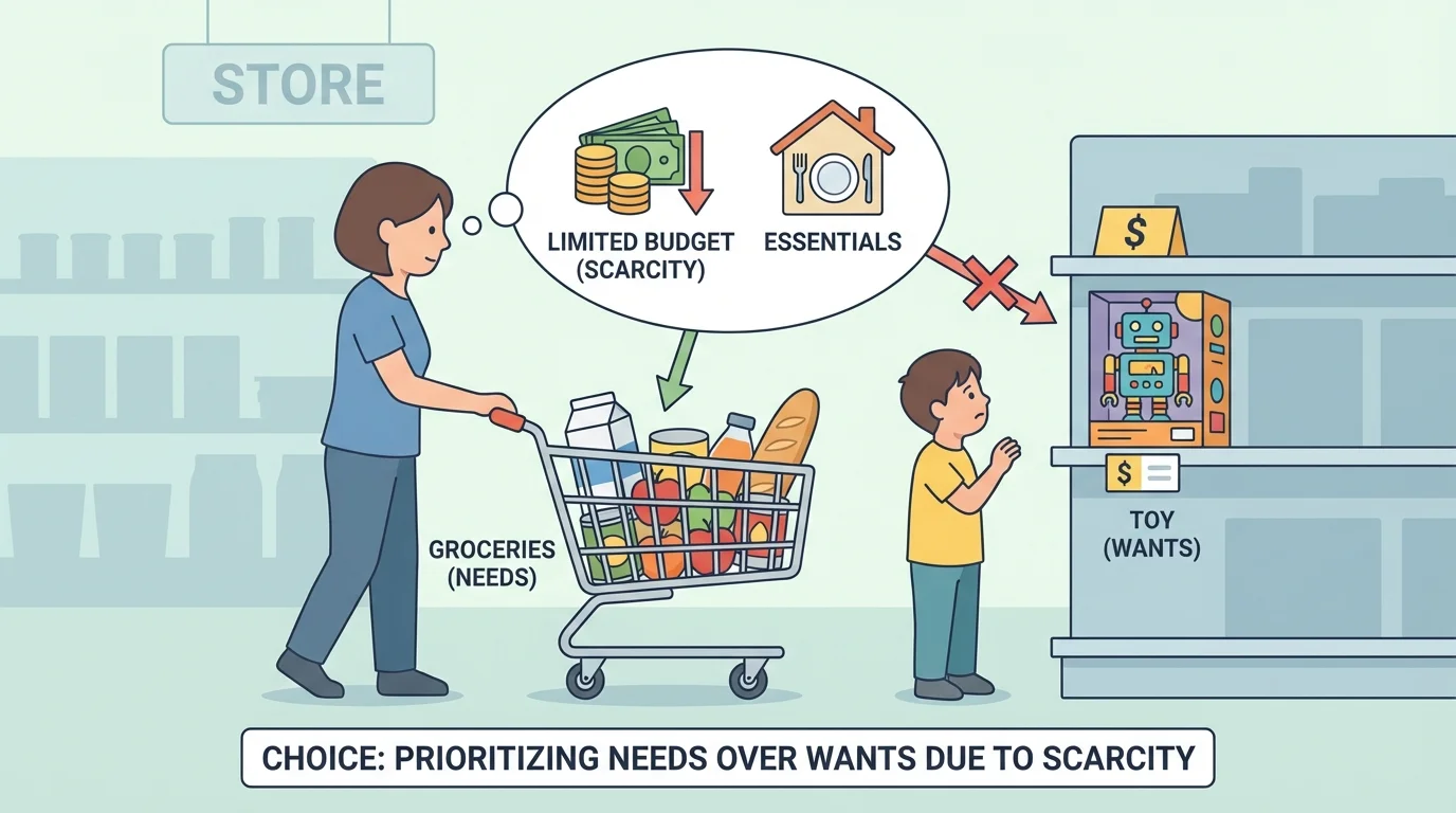 Parent and child at a store choosing groceries instead of a toy, with food in the cart and the toy left on the shelf
