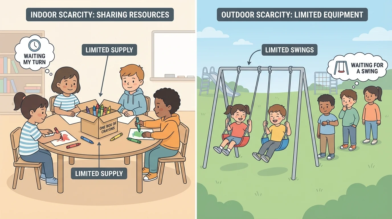 Classroom children sharing one box of crayons and nearby playground children waiting for a small number of swings