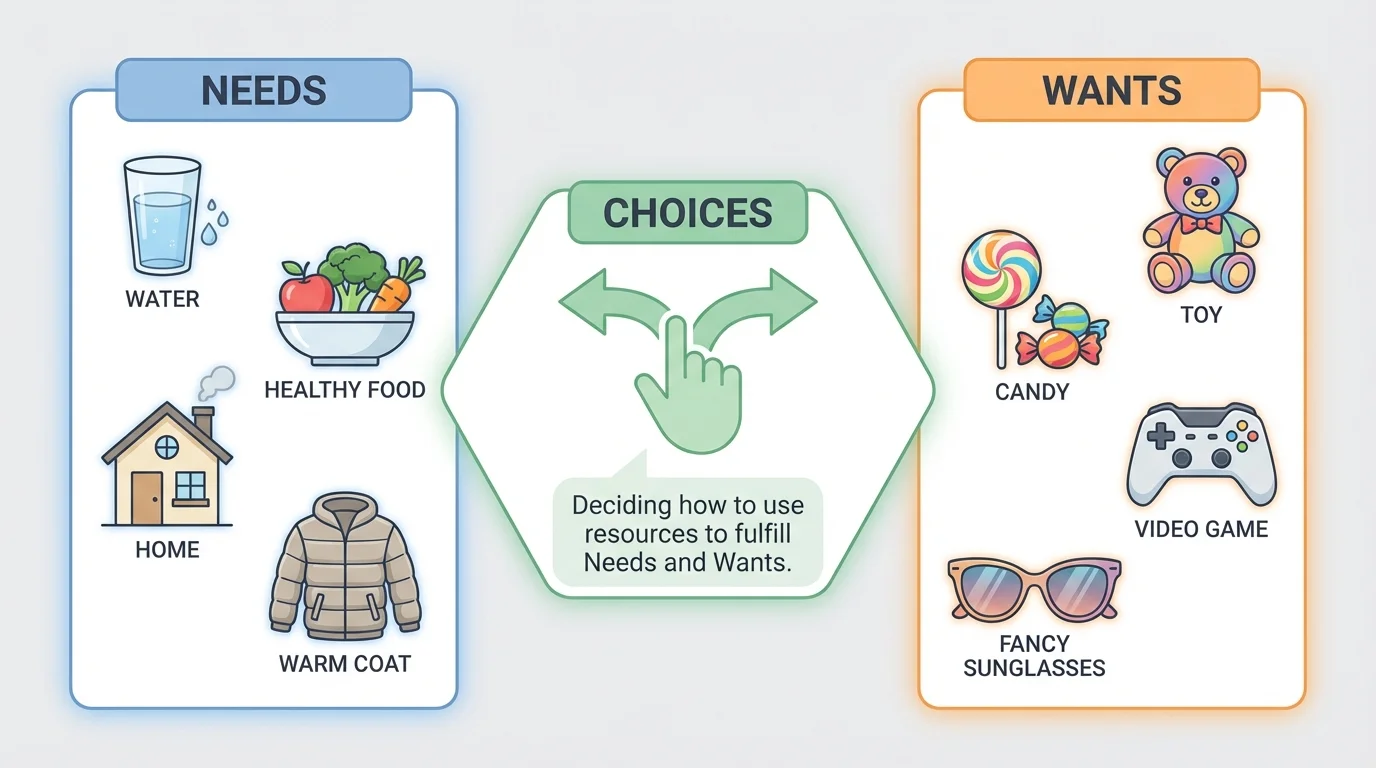 Simple side-by-side comparison chart with needs on one side showing water, healthy food, home, warm coat, and wants on the other side showing toy, candy, video game, fancy sunglasses