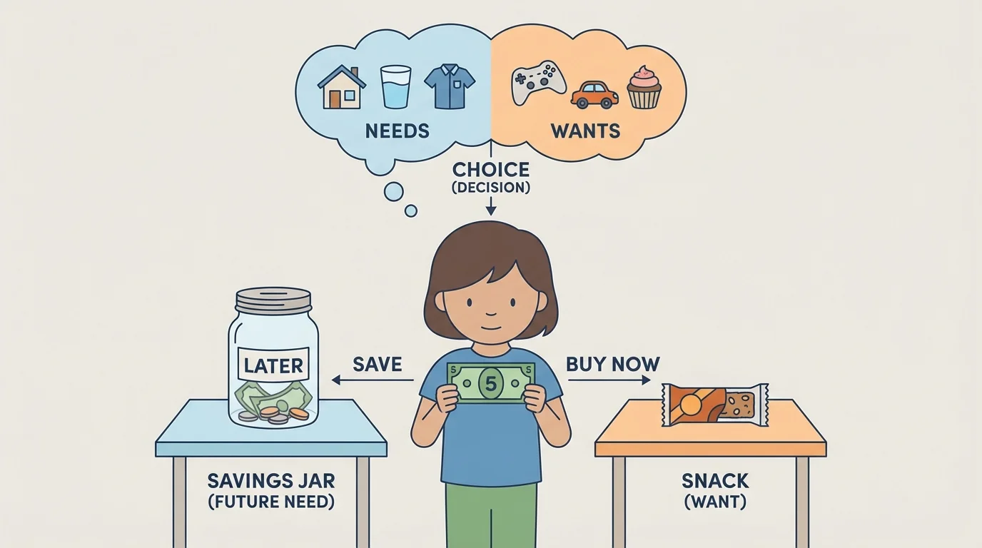 Child holding $5 and choosing between buying a small snack now or putting the money into a savings jar labeled later