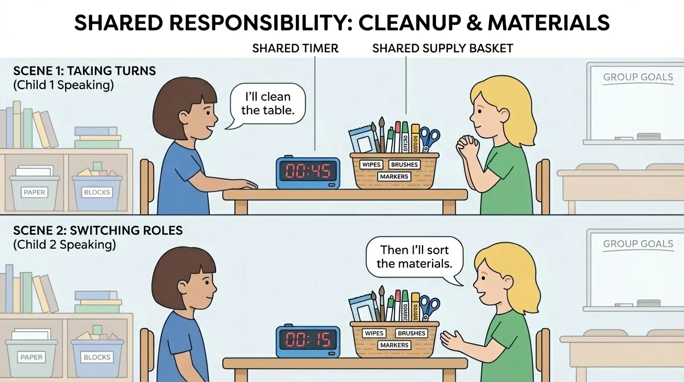 Split-screen illustration of one child speaking while another waits, then switching turns, with a timer and shared supply basket nearby