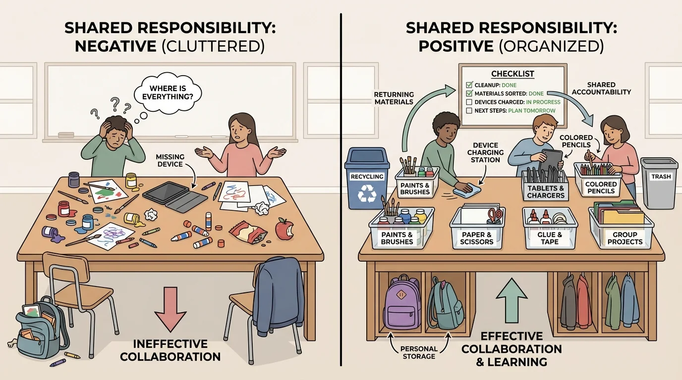 Side-by-side illustration of a cluttered table with missing supplies and a clean table with labeled bins and ready materials