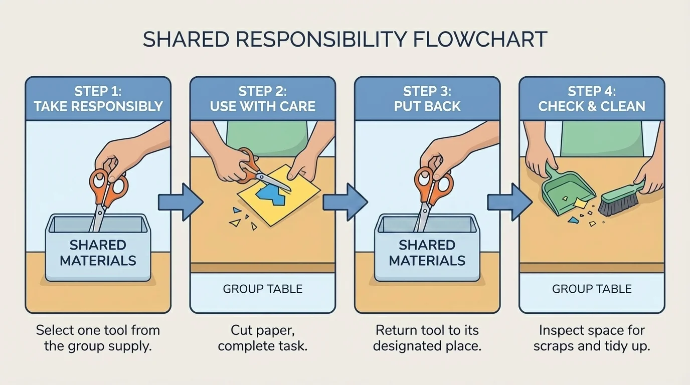 Four-step flowchart with child taking scissors, using them, putting them back, and checking the table for scraps