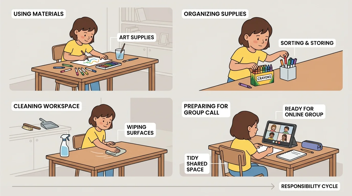 Child using art supplies at home, then putting crayons in a box, wiping the table, and leaving a tidy shared workspace before an online group call