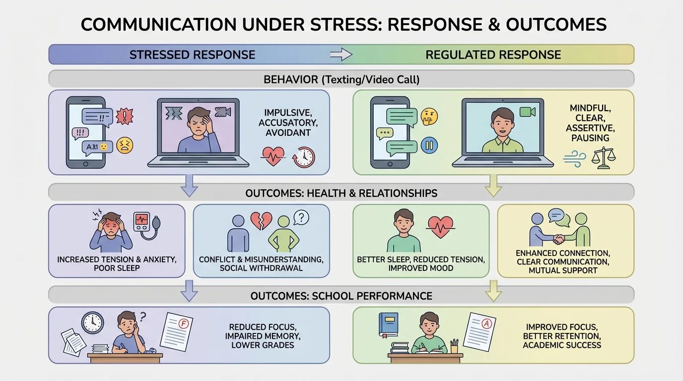 Chart comparing stressed texting or video-call behaviors with healthier, regulated responses and likely outcomes