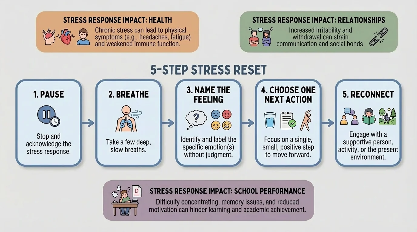 Flowchart of a 5-step stress reset: pause, breathe, name the feeling, choose one next action, reconnect