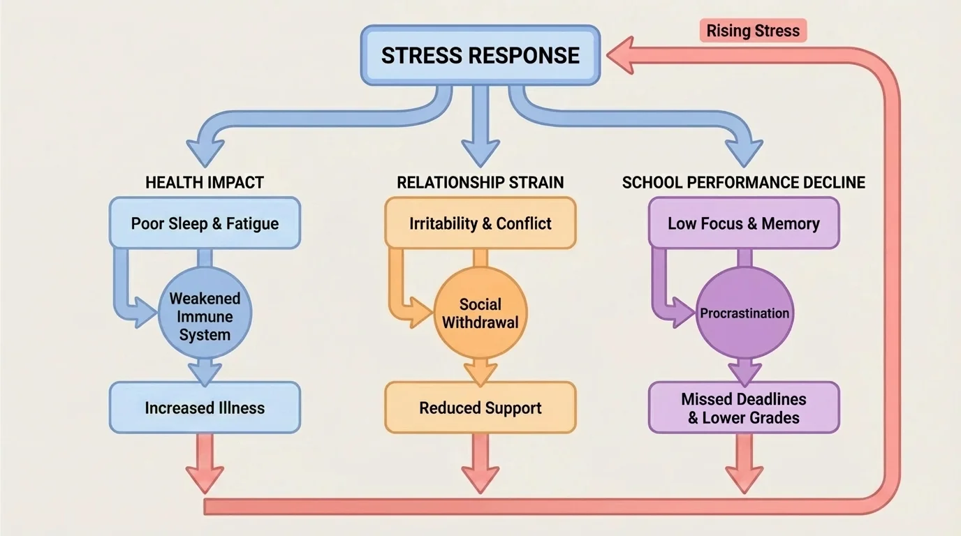 Flowchart showing stress leading to poor sleep, low focus, procrastination, missed deadlines, rising stress, and lower performance