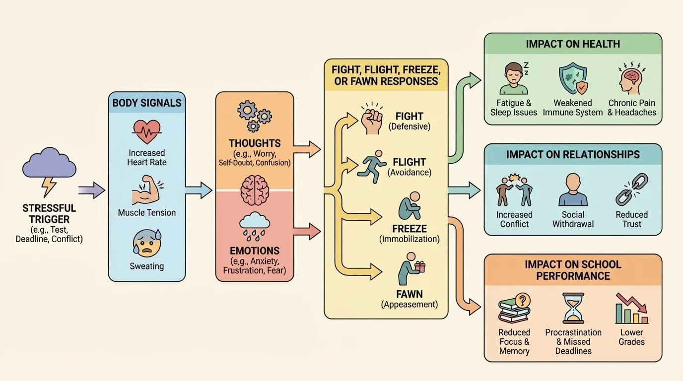 Flowchart showing a stressful trigger leading to body signals, thoughts, emotions, and fight, flight, freeze, or fawn responses