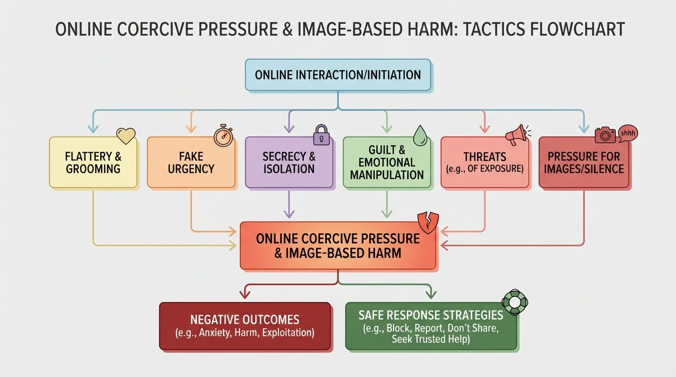Flowchart of coercive tactics such as flattery, secrecy, fake urgency, guilt, threats, and pressure for images or silence