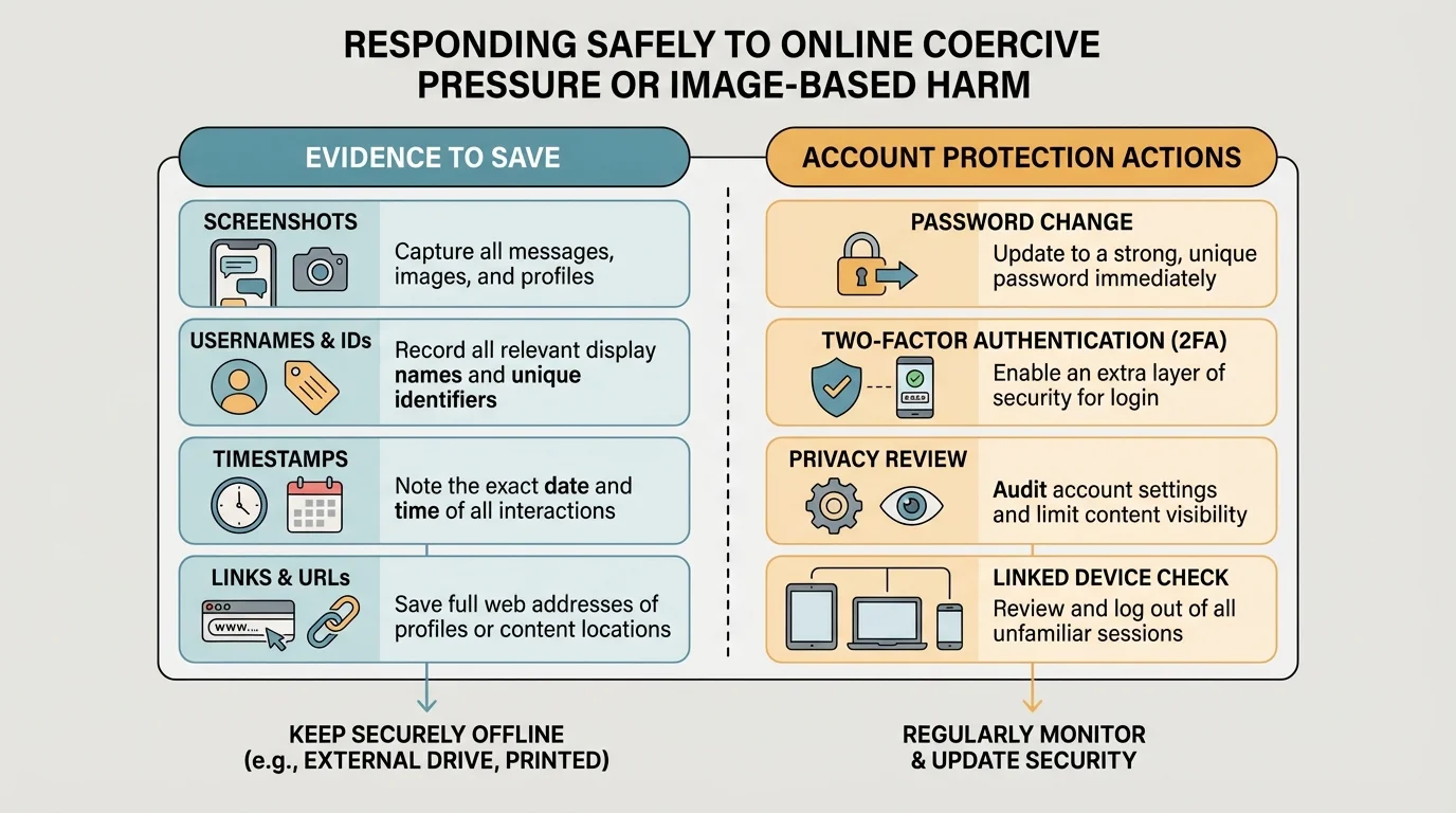 Chart showing evidence to save such as screenshots, usernames, timestamps, links, and account protection actions like password change, two-factor authentication, privacy review, and linked device check