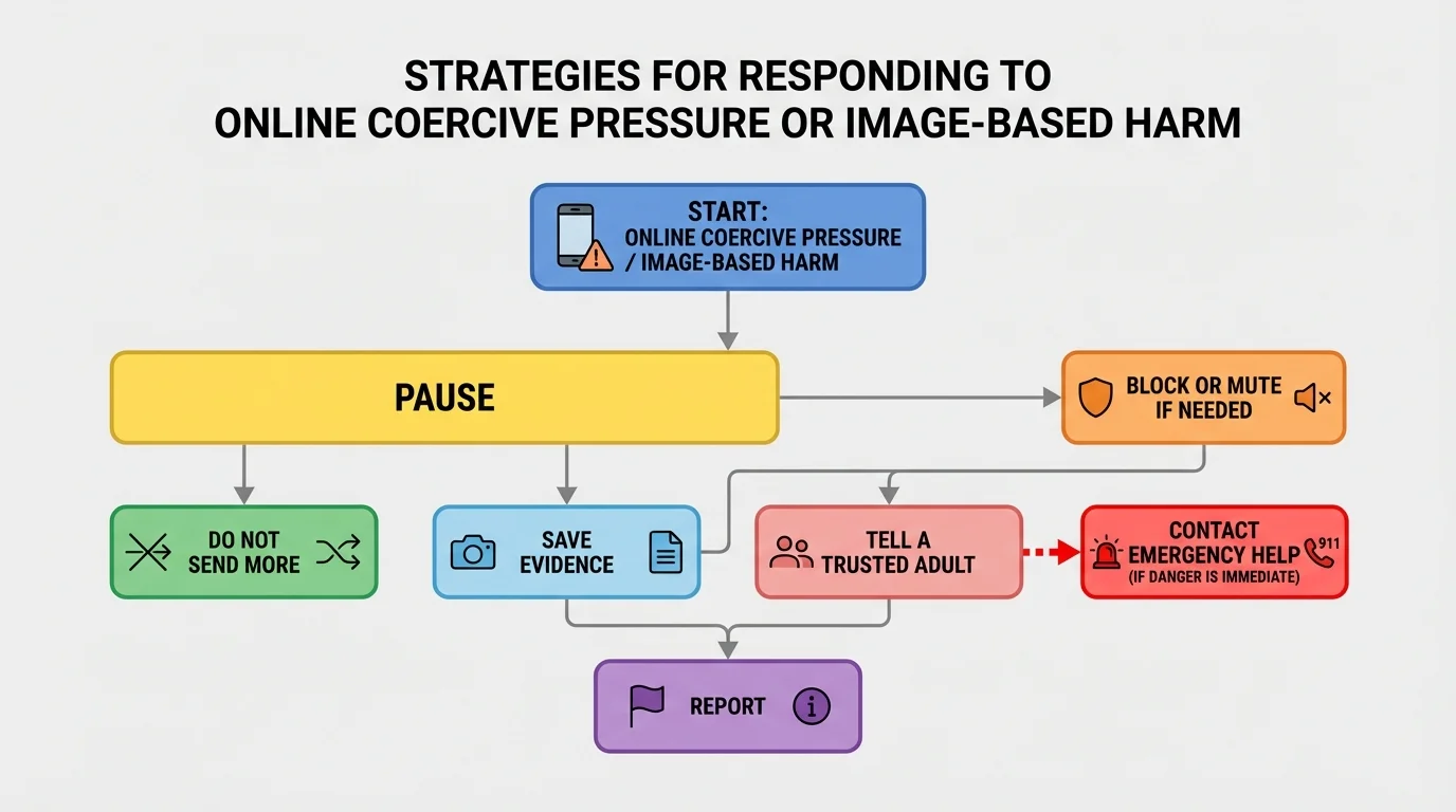 Decision tree showing pause, do not send more, save evidence, block or mute if needed, report, tell a trusted adult, and contact emergency help if danger is immediate