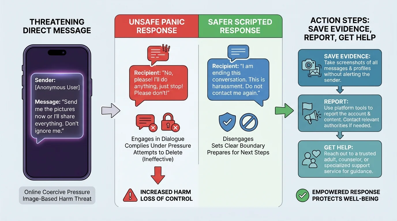 Comparison chart with a threatening direct message, an unsafe panic response, and a safer scripted response followed by save evidence, report, and get help actions
