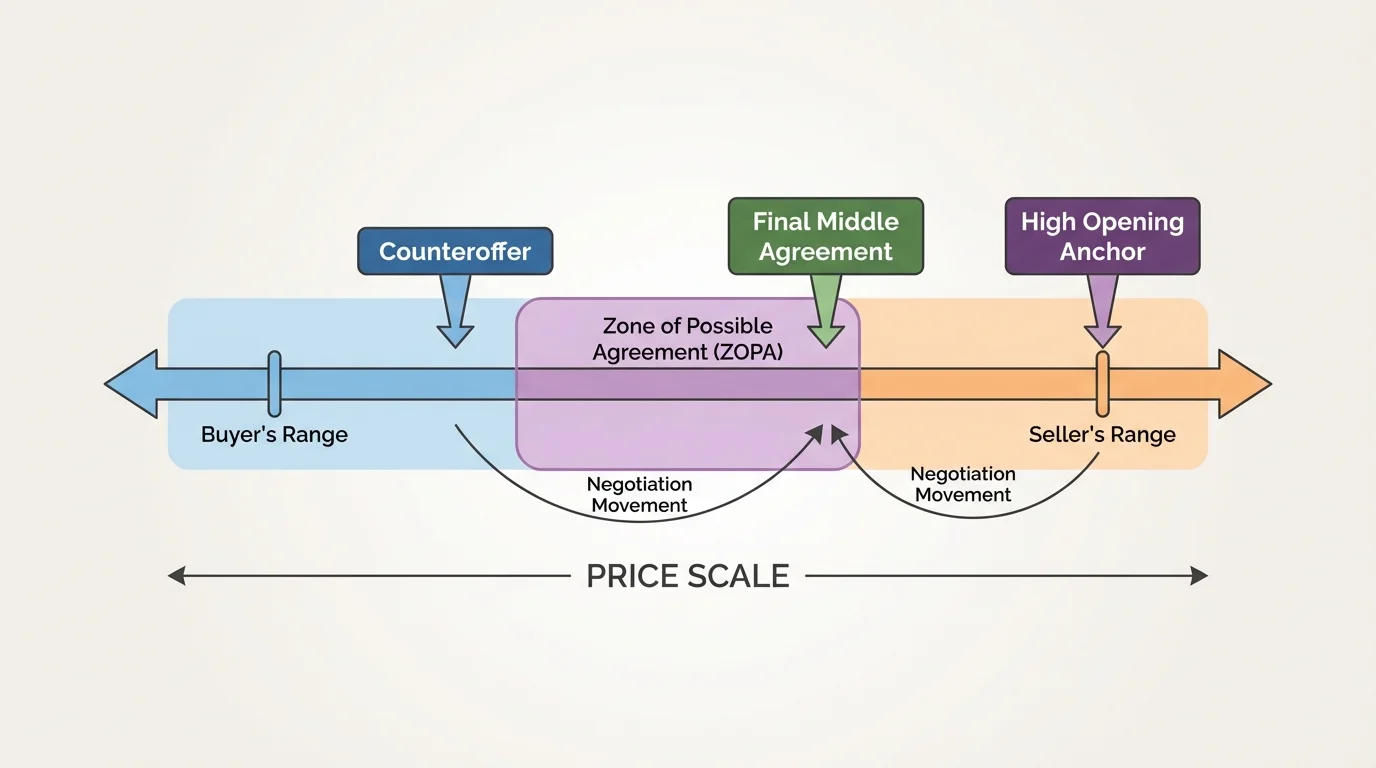 Negotiation range illustration with a high opening anchor, counteroffer, and final middle agreement on a horizontal price scale