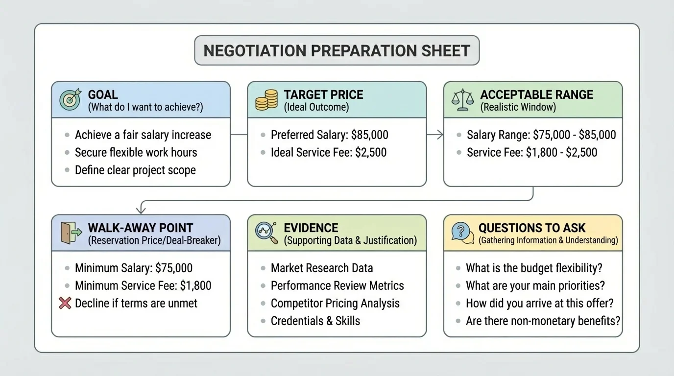 Student negotiation preparation sheet with boxes for goal, target price, acceptable range, walk-away point, evidence, and questions to ask
