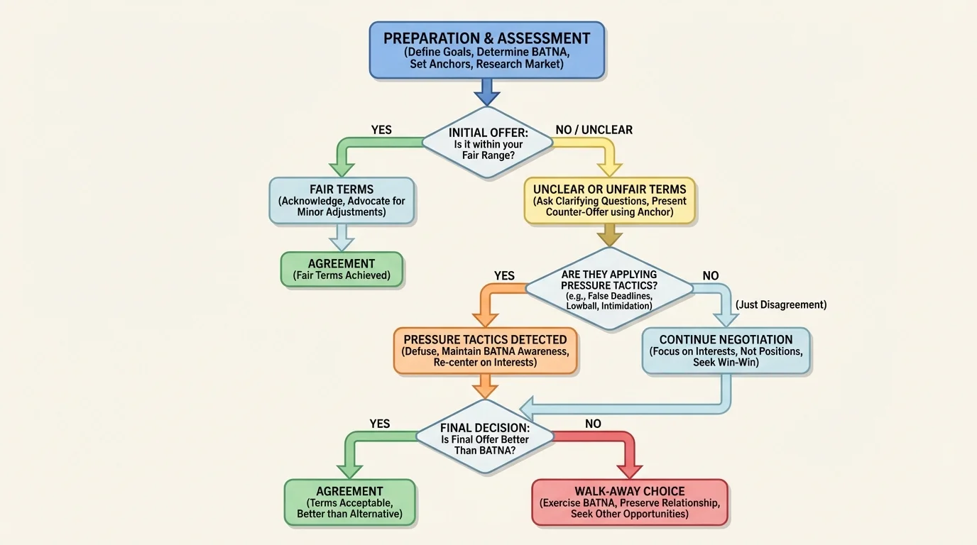 Decision flowchart for a negotiation showing branches for fair terms, unclear terms, pressure tactics, and walk-away choice