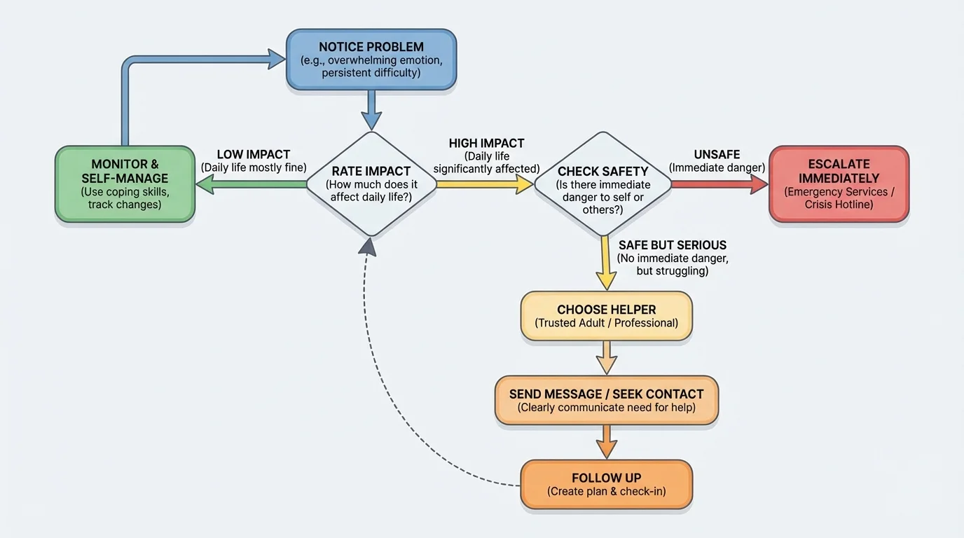 Flowchart showing notice problem, rate impact, check safety, choose helper, send message, follow up, and escalate if needed