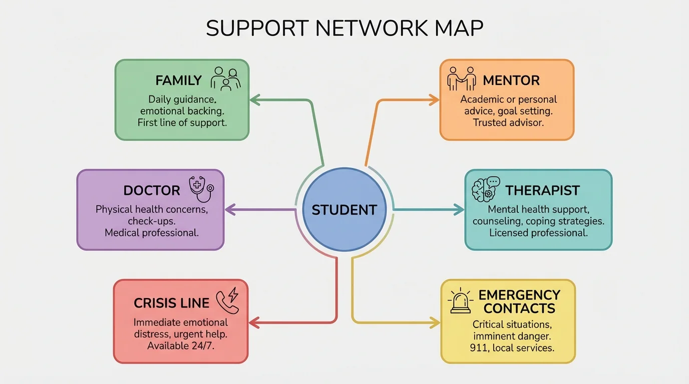 Diagram of a support network map with the student at center and surrounding categories for family, mentor, doctor, therapist, crisis line, and emergency contacts