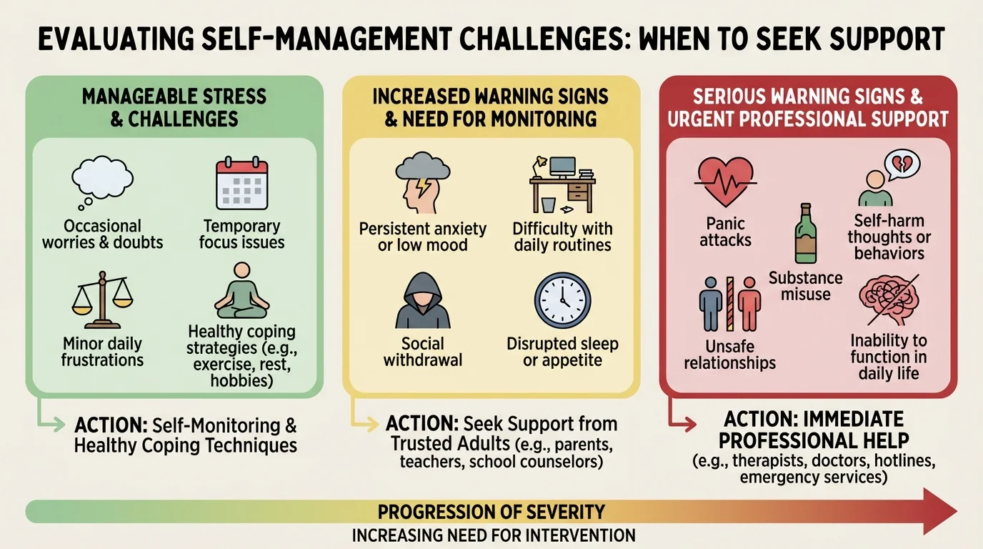 Color-coded chart showing levels from manageable stress to serious warning signs such as panic, self-harm thoughts, substance misuse, unsafe relationships, and inability to function