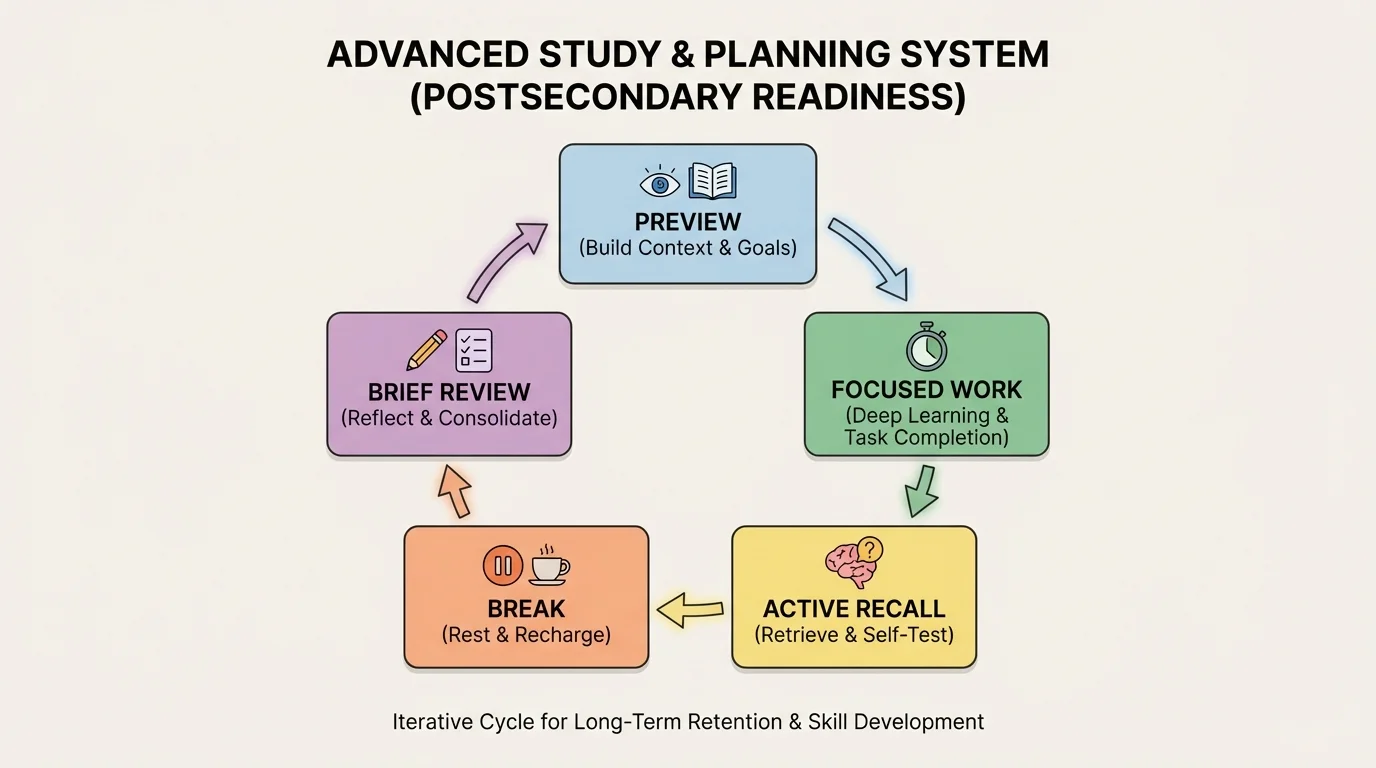 Flowchart of an effective study cycle with preview, focused work, active recall, break, and brief review